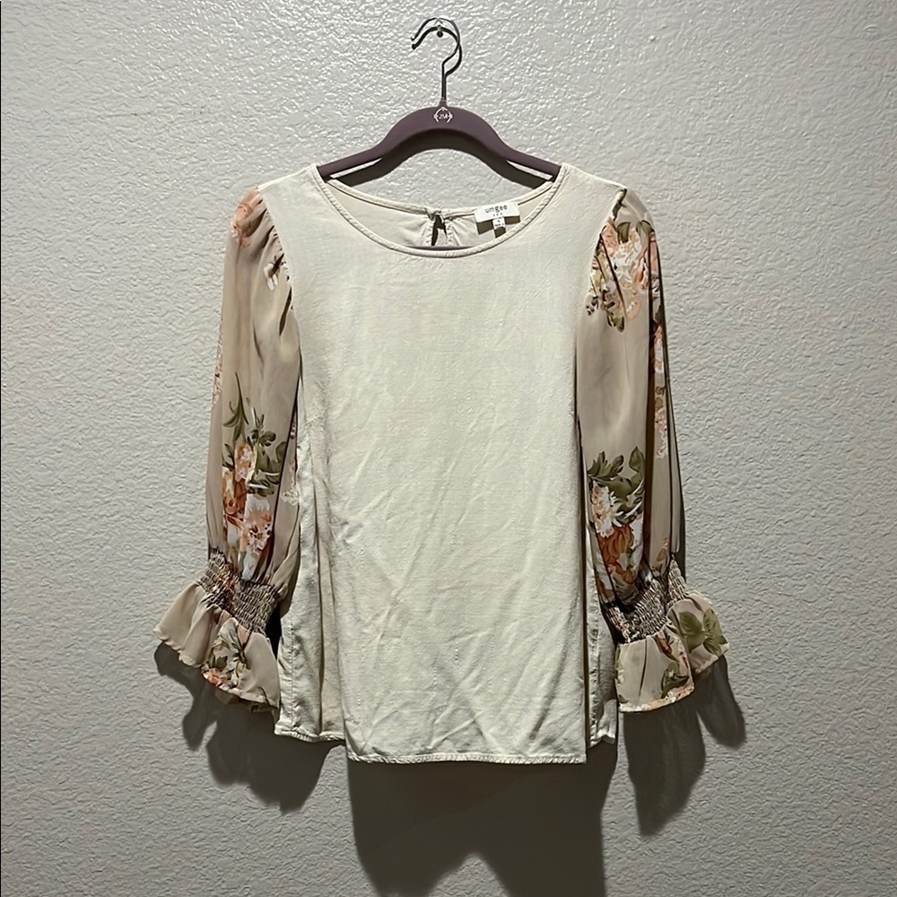 Umgee Women's Floral Linen Blend 3/4 Sleeve Top Small Cream Boho Cottage Core